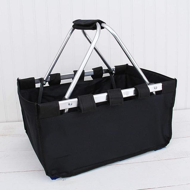 Threadart Large Collapsible Market Basket - Black | Aluminum Frame | Polyester Fabric | Convenient Fold Flat Design |Reusable Space-Saving Shopping Tote, Gift Basket, Beach Basket, Picnic Basket