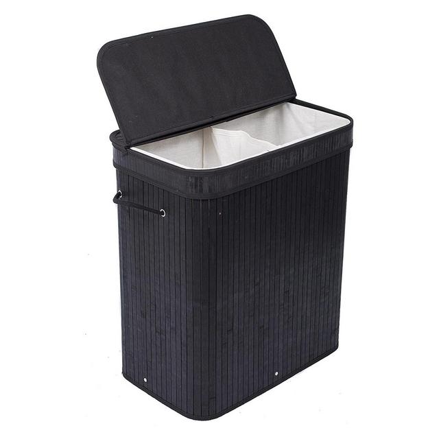 BirdRock Home Bamboo Double Laundry Hamper with Lid and Cloth Liner - Black