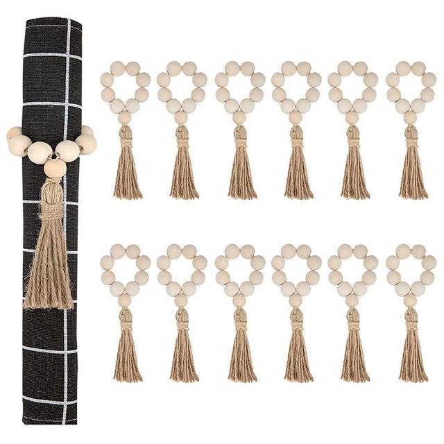 Wood Bead Napkin Rings Natural Wooden Beads Napkin Holders with Tassels Elastic Wooden Napkin Buckles for Christmas Farmhouse Wedding Home Table Decoration (12)