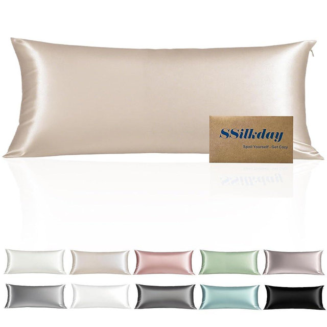 Mulberry Silk Body Pillow Pillowcase with Zipper, Ultra Smooth Soft Breathable Cooling Pillow Cases for Hot Sleepers, Silk Satin Body Pillow Cover for Hair and Skin (Champagne, 20×54 Inches, 1 Pack)