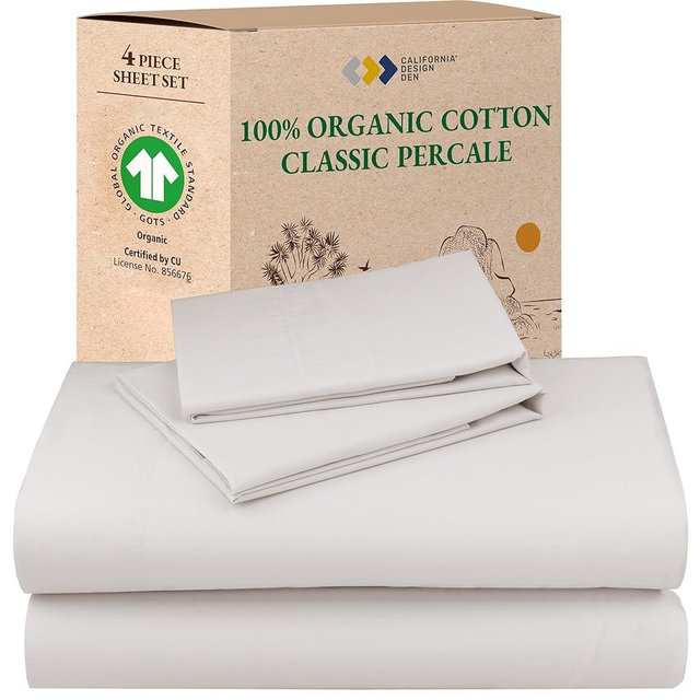 California Design Den King Size Sheet Set - 100% Organic Cotton, Crisp Percale Sheets King Size, Deep Pockets, Breathable and Durable Bedding Set - Stone (True Beige)