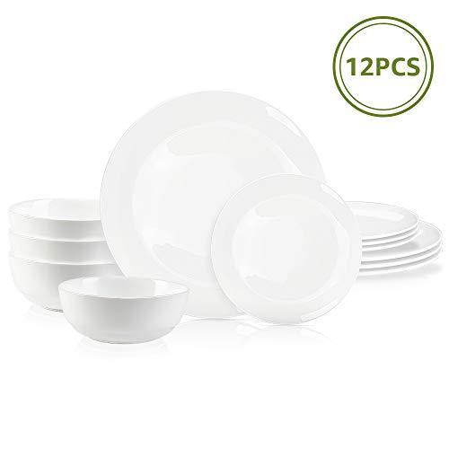 DANMERS 12-Piece Dinnerware Set White Dinner Sets Service for 4, 10.5" Dinners Plates, 7.5" Bread Plates and 5.5" Cereal Bowls Set Break and Crack Resistant (12 PCS-A White)