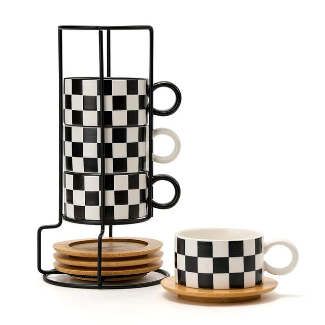LUKA 6 Ounce Ceramic Stackable Black and White Checkered Espresso Cups with Saucers and Metal Stand Set of 4, Cappuccino Cups Set for Coffee Drinks, Latte, Cafe Mocha and Tea