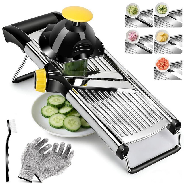 Masthome Adjustable Mandoline Food Slicer, Mandoline Slicer for Kitchen, Stainless Steel Mandolin, Fruit and Vegetable Cutter with Cut-Resistant Gloves and Cleaning Brush-Yellow