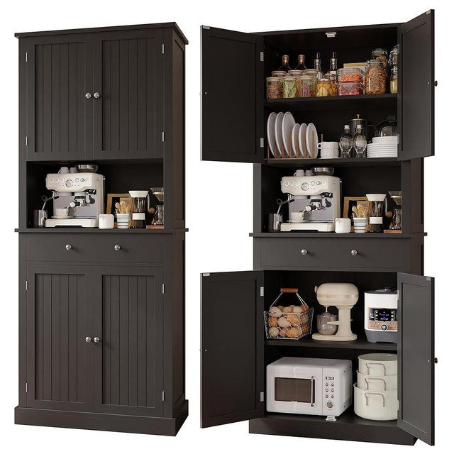 Apicizon 71’’ Tall Kitchen Pantry Storage Cabinet, Modern Kitchen Hutch Bar Cabinet with Microwave Stand & 3 Adjustable Shelves, Cupboard with Deep Drawer, Wood Buffet Sideboard for Dining Room, Black
