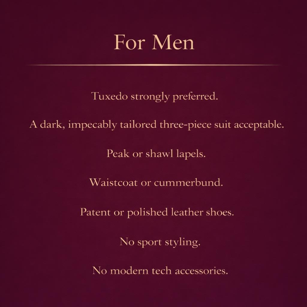 For gentlemen, traditional black tie is preferred.
The details above are provided as guidance for the evening’s formality.