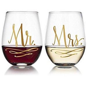 Gold Mr/Mrs Stemless Wine Glasses (2pk) 20oz Gift for Engagement Wedding Married Couples by Fine Occasion