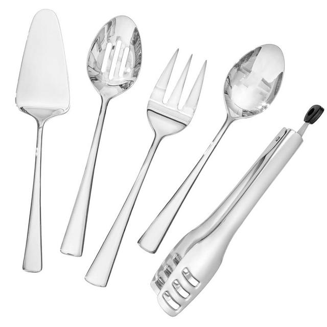 KINGSTONE 5 Piece Serving Utensils Set, 18/10 Stainless Steel Serving Utensils Large, Serving Spoon, Slotted Spoon, Fork, Tong, Cake Server for Buffet, Parties, Kitchen,Entertaining, Wedding