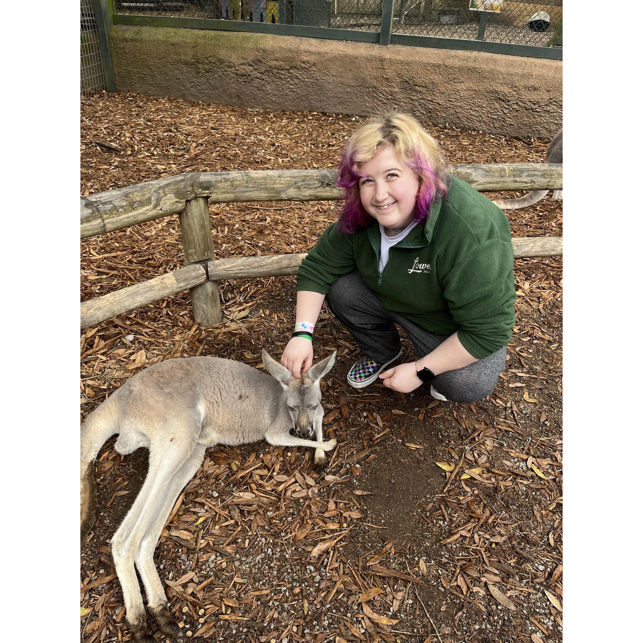 Isaac snapped this photo of Madison petting a kangaroo during their visit to Bee City Zoo—an unforgettable experience!