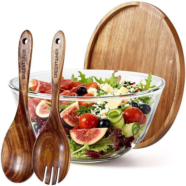 Greentainer Glass Salad Bowl with Wood Lid as Cheese Charcuterie Board and Plate,152oz Large Serving Bowl & Storage Bowl Sets with Wood Utensils - Dishwasher Safe