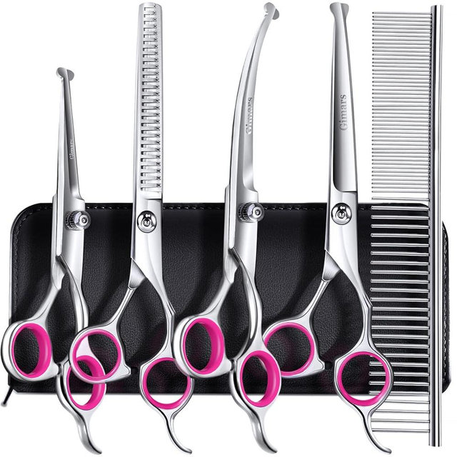 Gimars Professional 4CR Stainless Steel 6 in 1 Grooming Scissors for Dogs with Safety Round Tip, Heavy Duty Titanium Coated Pet Grooming Scissor for Dogs, Cats and Other Animals