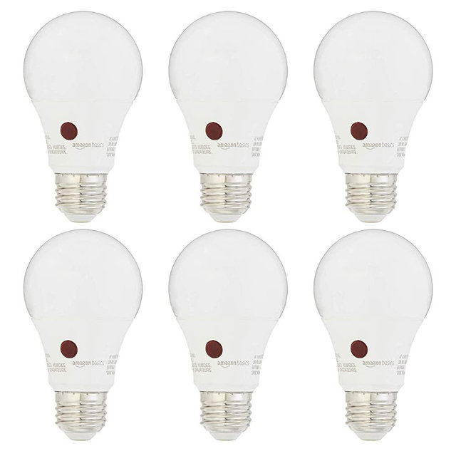 Amazon Basics 60W Equivalent, Dusk to Dawn Sensor, Non-Dimmable, 10,000 Hour Lifetime, A19 LED Light Bulb | Daylight, 6-Pack