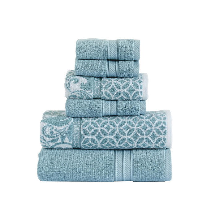 Modern Threads Reversible Yarn Dyed Jacquard 6 Piece Towel Set, Trefoil Filigree, Sterling Blue