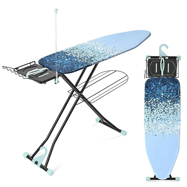 APEXCHASER Ironing Board Full Size with Iron Rest, Metal Panel Iron Board, Heat & Scorch Resistant Cover, Adjustable Height Heavy Duty Ironing Board with Germent Rack, for Home, Dorm, 15x45 Blue