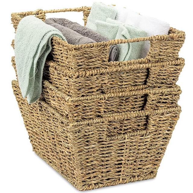 Sorbus Seagrass Baskets Decorative Shelf Organizer Bins Organization Storage Bins for Living Room Books, dvd’s, Bathroom Towels, Kitchen Pantry Cabinet Organizer, Counter, Shelves, Bedroom (4-Pack)
