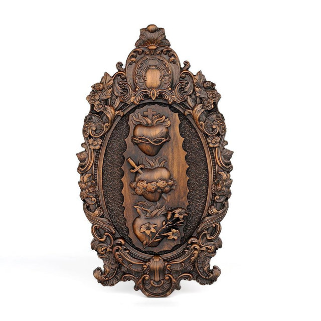bgcarpenter Three Sacred Hearts Wall Plaque Religious Handmade Holy Family Wooden Wall Decor Art Christmas Gift (10 Inch, Vintage)