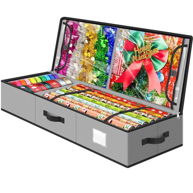 BlessedSeason Wrapping Paper Storage Organizer for 40 Inch Christmas Gifts Wrapping Paper, 2 Visible Supplies Pockets for Holiday Accessories, Christmas Decoration Storage Containers, Grey