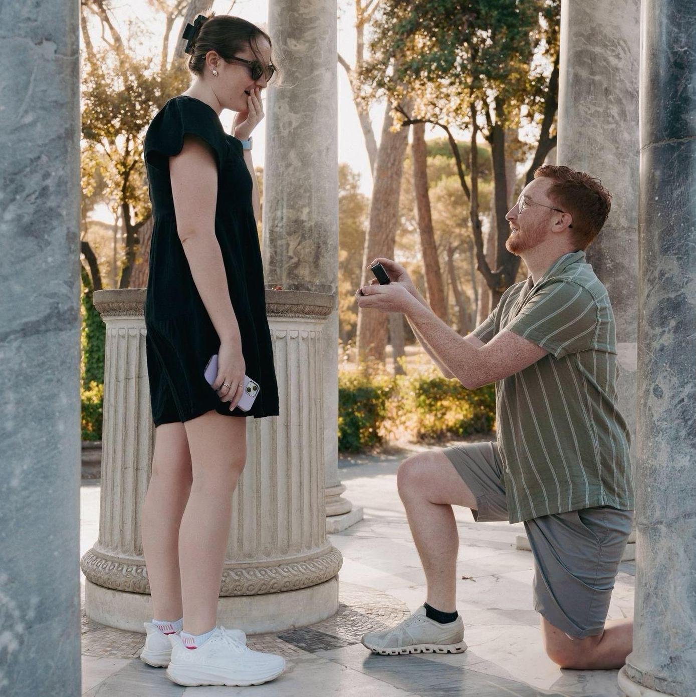 The moment Brendan popped the question at the Temple of Diana in Rome