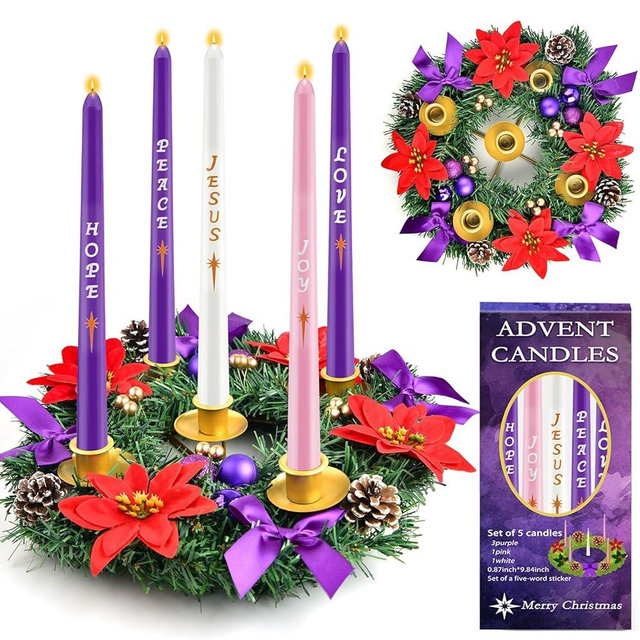 Kenburg 12in Christmas Advent Wreath 5 Candle Holder with Candles, Metal Cups for Taper Candles Advent Wreath and Candles Set Safety Fire Retardant Centerpiece Decorations for Table Indoor Home Church