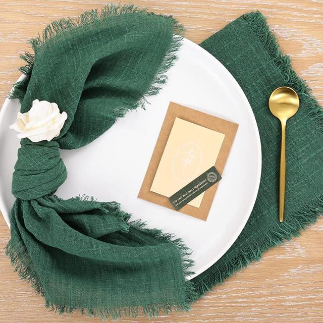 Socomi Handmade Cheesecloth Napkins with Fringe Bulk 17"x17" Cotton Dinner Napkins Rustic Linen Table Napkins for Christmas Wedding Baby Shower Set of 8 Emerald Green