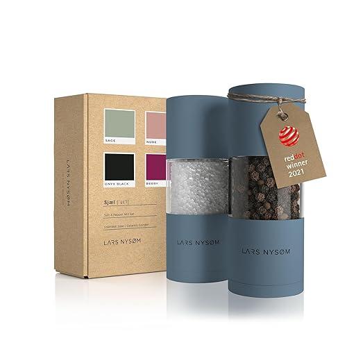 LARS NYSØM Salt and Pepper Grinder Set I Salt and Pepper Mills with Adjustable Ceramic Grinder 2 pieces I Manual Design Spice Grinder Set (Blue Stone)