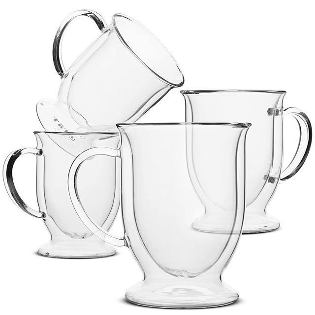 BTäT- Coffee Mug, Coffee Glass, Set of 4 (16oz, 500ml), Double Wall Glass Coffee Cups, Tea Cups, Latte Cups, Glass Coffee Mug, Beer Glasses, Latte Mug, Clear Mugs, Glass Cups, Glass Tea Mugs, Irish