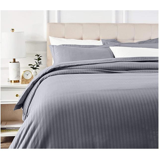 AmazonBasics Deluxe Striped Microfiber Duvet Cover Set - King, Dark Grey