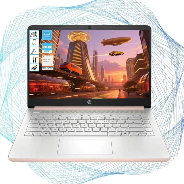 HP 14" HD Laptop with Microsoft Office and 1TB Cloud Storage (1-Year)| 8GB RAM| 128GB SSD & 128GB Portable SSD| Intel 4-Core CPU(Beat i3-10110U)| Ultra Light| Webcam| Windows 11| RK Bundle|Rose Gold