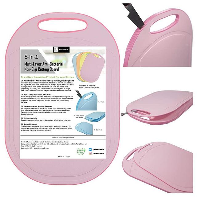 Kylermade (5 Layers) Multi-Layer Non-Slip Cutting Board, Innovative 5 layered construction, 5 Kitchen Chopping Boards for Price of 1, BPA Free, Non Porous, Dishwasher Safe, Juice Grooves (Pink)