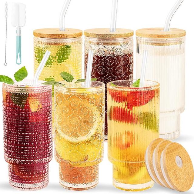 SogYupk 6 Pcs Glass Cups Set with Straw/Bamboo Lid,12 oz Stackable Serving Drinking Glasses, Ideal for Whiskey/Cocktails/Juice/Coffee/Beer, Dishwasher Safe,3 Patterns of Vintage Glassware Sets.