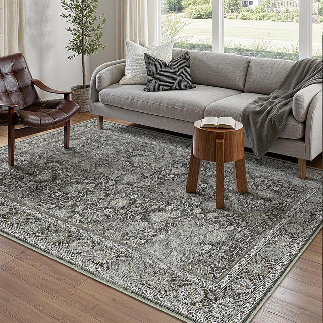 PureCozy Vintage Area Rug 5x7 Black Washable Living Room Large Carpet Non Slip Bedroom Indoor Office Low Pile Traditional Distressed Retro Accent Rug for Dining Room Bathroom Kitchen