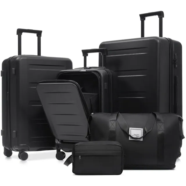 Polibi Luggage Set 5 Pieces with 20 Inch Carry-On Suitcase, 24 Inch and 28 Inch Checked Suitcase, a Handbag and Toiletry Bag, Black