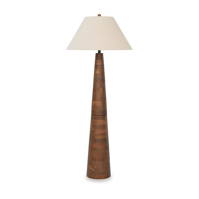 Benjara Seya 58 Inch Floor Lamp, Empire Fabric Shade, Tapered Wood Base, Brown and White