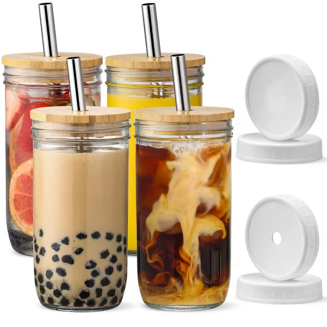 [ 4 Pack ] Glass Cups Set - 24oz Mason Jar Drinking Glasses w Bamboo Lids Straws 2 Airtight Lids - Cute Reusable Boba Bottle, Iced Coffee Glasses, Travel Tumbler for Bubble Tea, smoothie, Juice