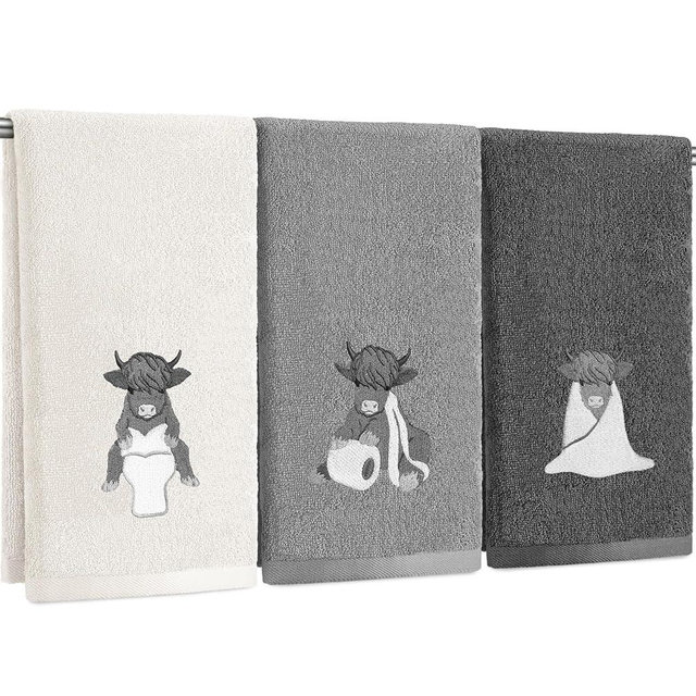 Hillsuren 3 Pcs Highland Cow Hand Towels Bathroom Decor Highland Cow White and Gray Decorative Embroidered 100% Cotton Farmhouse Towels for Bathroom Kitchen Decor, 13. 3 x 29. 5''