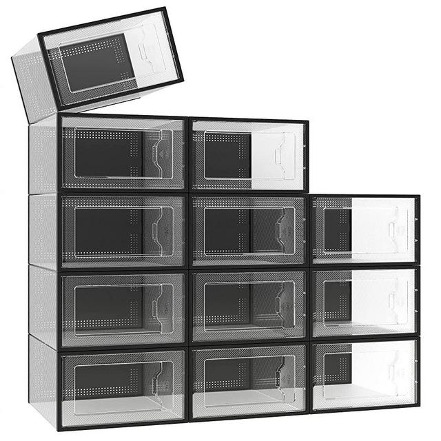 X-Large 12 Pack Shoe Boxes Clear Plastic Stackable, Shoe Storage Boxes, Shoe Organizer for Closet, Space-Saving Shoe Containers Bins (Black)