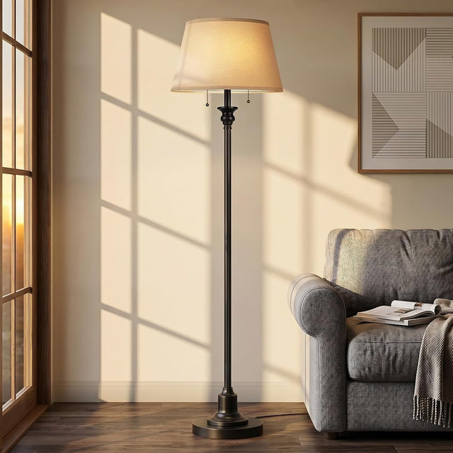 2-Light Floor Lamp for living room, 66.5'' Rustic Farmhouse Pole Lamp with Double Pull Chain, Mid Century Vintage Tall Standing Lamp for Bedroom Home Decor(3 Color Temperatures Bulb Included), Black