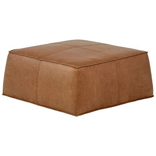 Rivet Contemporary Leather Ottoman Pouf, 36"W, Cognac
