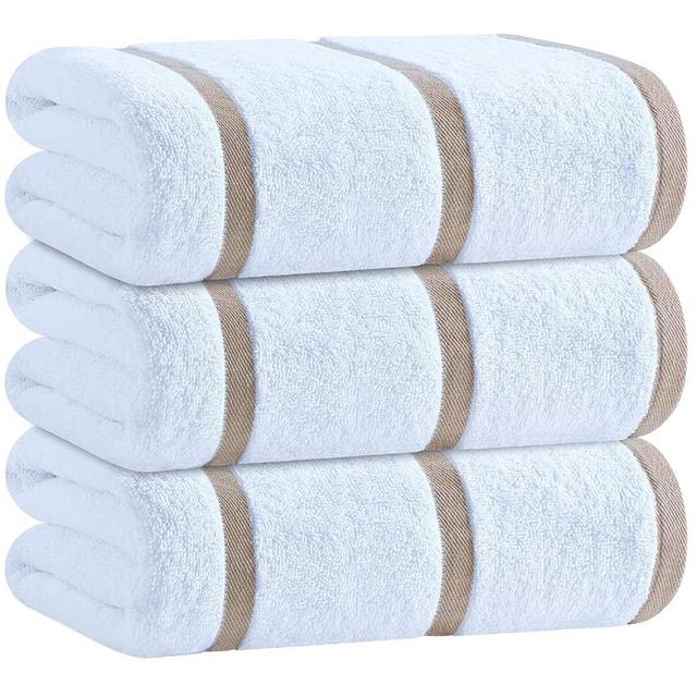 White Classic Cotton Pool Towels Oversized 35 x 70 Inches, Ultra Absorbent and Low Lint Striped Beach Towels for Adults, Stripes Design Luxury Extra Large Bath Towels, Cream Beige, 3 Pack