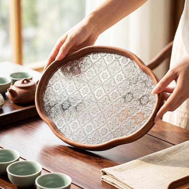 Tiangrid Glass Serving Tray with the Crabapple Pattern and Walnut Rectangular Serving Platter, Vintage Floral Edge Decorative Countertop Organizer for Vanity, Coffee Table, Jewelry Display (Clear)