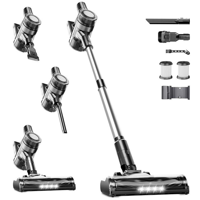 Cordless Vacuum Cleaner, 35Kpa Vacuum Cleaner for Home, 45Mins Stick Vacuum with LED Display, Anti-Tangle & Wall Mount Charging, 6 in 1 Lightweight Vacuum for Hard Floors, Carpet, Pet Hair (Black)