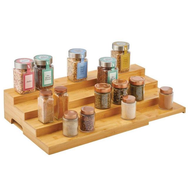 mDesign Adjustable, Expandable Kitchen Bamboo Storage Cabinet, Cupboard, Food Pantry, Shelf Organizer Spice Bottle Rack Holder - 4 Level Storage - Up to 30 Inches Wide - Natural