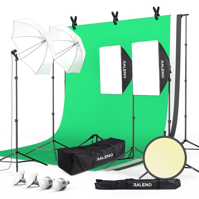 RALENO Photography Lighting Kit, 8.5x10ft Photo Backdrops Stands with 6x9ft Green Screen, 50W LED Bulbs, 5500 K, 97CRI, Umbrellas&Softbox Lighting kit for Studio Portrait Product Photography