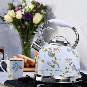 VQ Laura Ashley Elveden White 2.5L Stainless Steel Tea Kettle Stovetop Whistling Teapot for Induction, Gas Hob or others. Silicon Coated Cool Handle & Push Button Mechanism Vintage Stove Top Kettle