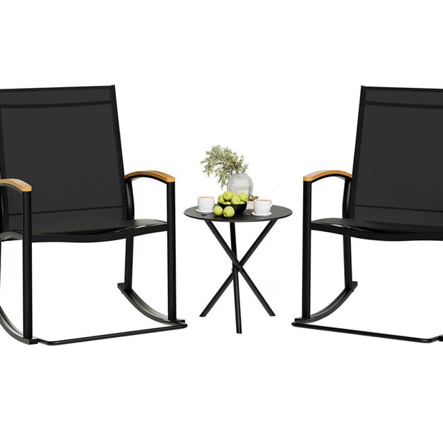 Shintenchi 3 Piece Outdoor Rocking Bistro Set, Textilene Fabric Small Patio Furniture Set, Front Porch Rocker Chairs Conversation Set with Table for Lawn, Garden, Balcony, Poolside (Black)