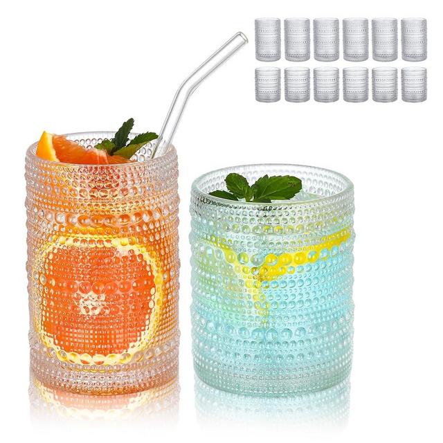 HomeVogue Hobnail Drinking Glasses Set of 12, 12oz & 15oz Vintage Glassware Set Cocktail Glass Set, Embossed Clear Water Tumbler,for Beer, Whiskey,Juice and Various Mixed Drinks (12 Pack-Clear)