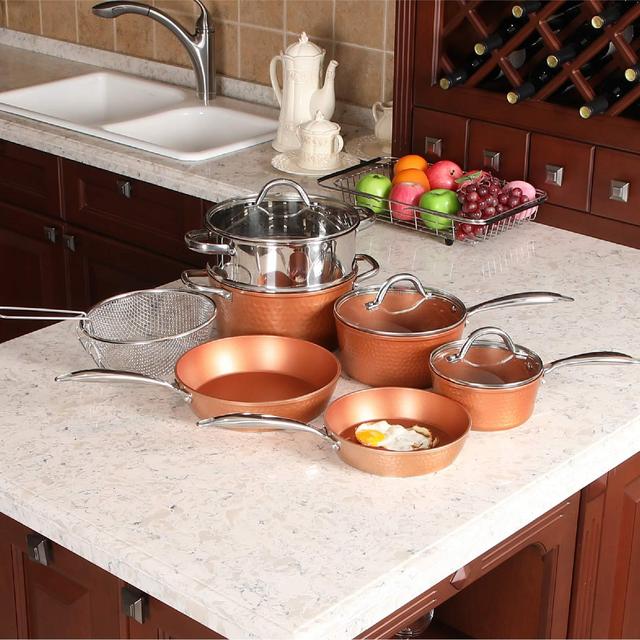 Kitchen Academy Red Ceramic Hammered 10 Piece Nonstick Induction Cookware Set Includes Lids, Frying and Roasting Pans Accessories