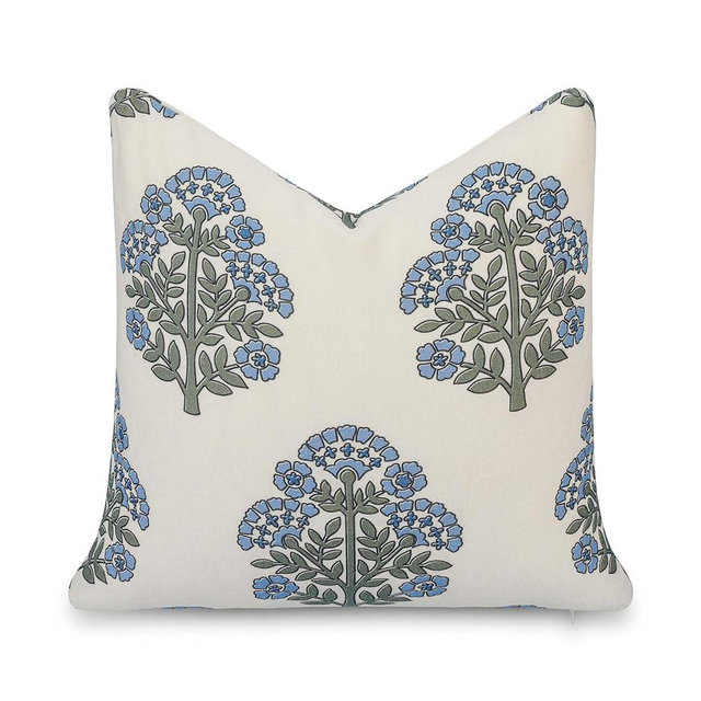 Crumbs Home California Casual Coastal Indoor Outdoor Throw Pillow Cover, 20"x20" Water Repellent for Patio, Backyard, Couch, Poolside, Green Light Blue Block Print Hydrangea Flowers