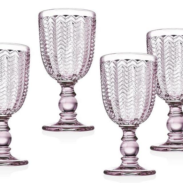 Twill White Wine Goblet Beverage Glass Cup by Godinger – Rose Pink – 6oz, Set of 4