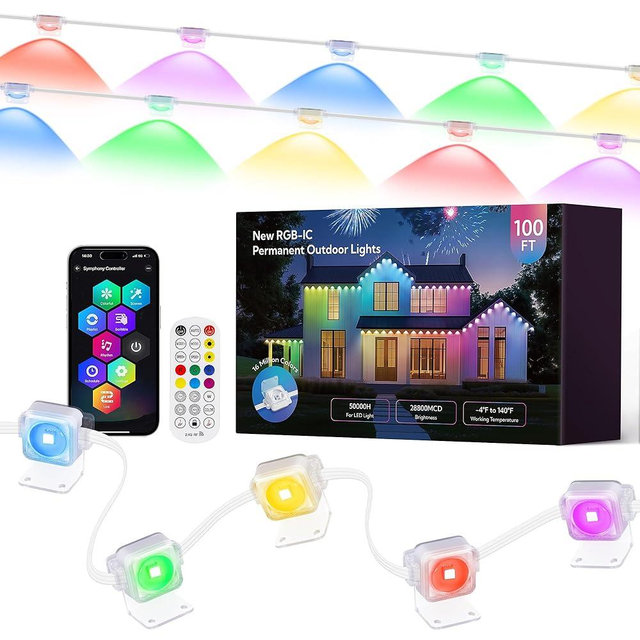 Qunlight Permanent Christmas Lights Outdoor for House,100FT Smart RGBIC Outside Light with 66 Scene Modes,IP67 Waterproof Color Changing Lights for Roof,Eaves,Xmas,Halloween,All Holiday Decorations